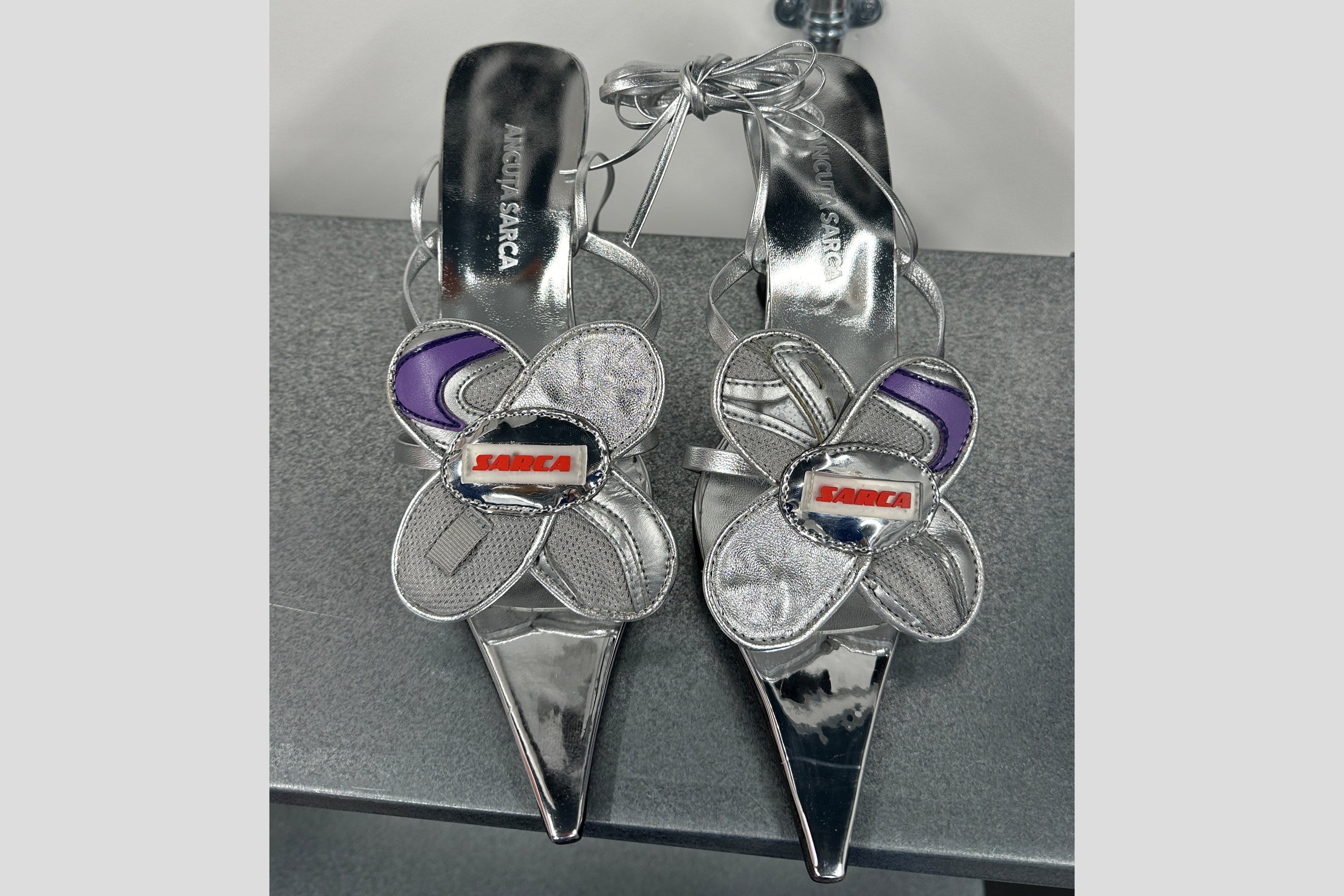 Blossom silver strappy sandal / upcycled flower motif