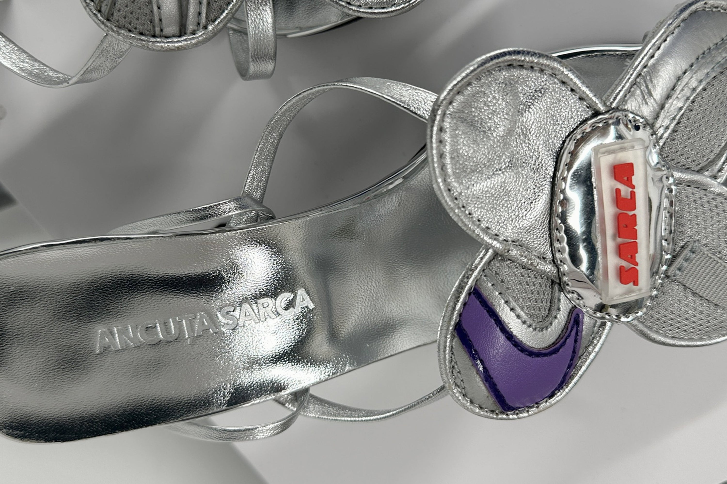 Blossom silver strappy sandal / upcycled flower motif